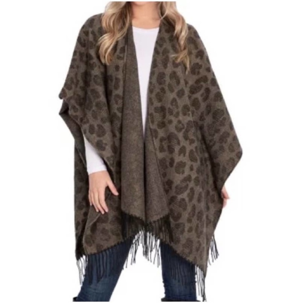 Woolrich Leopard Print Cozy Blanket Wrap Fringe Poncho One Size